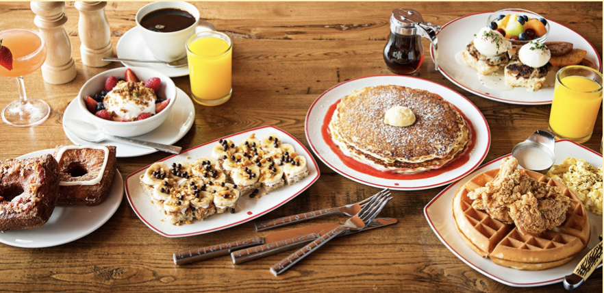 breakfast spread on wood table